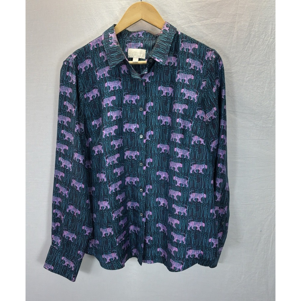 J Crew Collection Silk Tiger Print Blouse Top 16 Statement Button Up Casual Fun